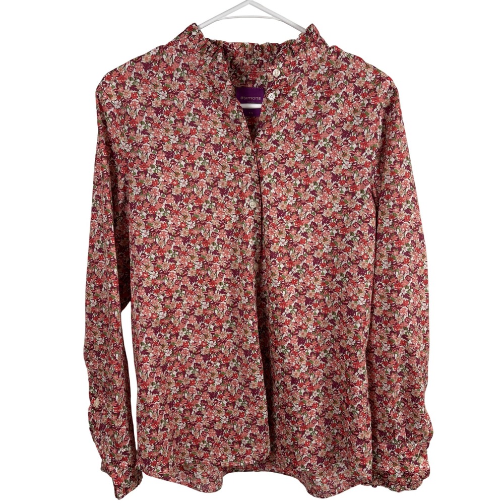 Simons Liberty Fabric Button Up Shirt S Red Coral Floral Ruffles Cottagecore